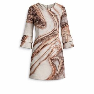 Marble-Print Tiered Bell-Sleeve Mini Dress in Beige and Brown